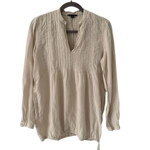 Lands‎ End Beige 100% Linen V-Neck Pin Tuck Tunic Blouse Size 6-8